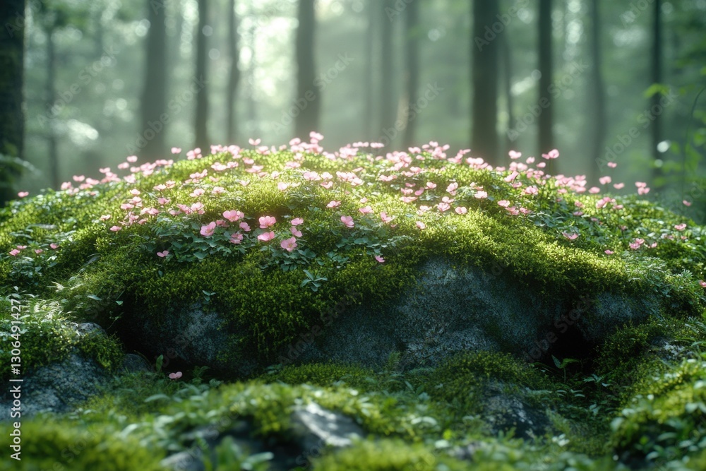 Poster a large rock covered in moss sits amidst a dense forest, perfect for use as a scenic backdrop or nat