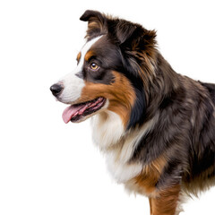Fototapeta premium Dog portrait with tongue out. Brown white and black fur. Side view of animal on transparent background. Png and isolated.