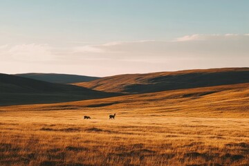 Obraz premium vast moorland with roaming deer, under the evening sky, casting long shadows across the landscape
