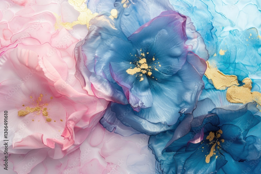 Poster the close up picture of the blue and pink colour of the flower with gold colour trimmed, abstract ar