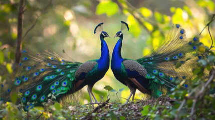 Obraz premium A pair of peacocks engaged in a courtship dance, their vibrant feathers fanned out in a synchronized display