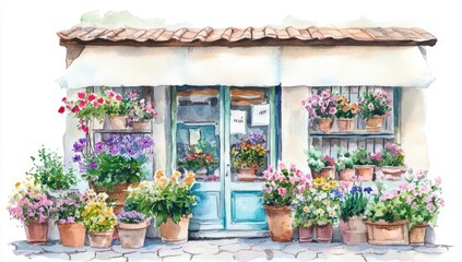 Serene watercolor illustration of rustic floral shop exterior with spring botanicals, elegant decorative art for wall prints and social media content.