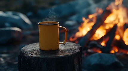 Yellow mug with hot drink on wooden stump near bonfire outdoors