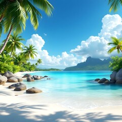 Tropical paradise, pristine beach, crystal clear turquoise water, lush palm trees