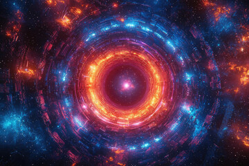 A mesmerizing cosmic vortex of vibrant orange and blue energy, swirling within a futuristic, technological structure.