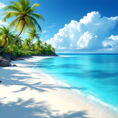 Tropical paradise, pristine beach, crystal clear turquoise water, lush palm trees
