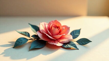 A delicate blush-toned rose with deep green leaves, bathed in soft sunlight, rests on a neutral surface, creating a serene and elegant floral still life.