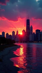 Obraz premium Chicago's vibrant skyline ablaze in sunset hues , evening, golden hour
