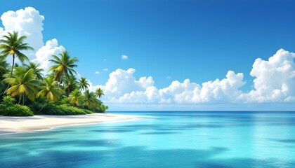 Fototapeta premium Tropical paradise, pristine beach, crystal clear turquoise water, lush palm trees