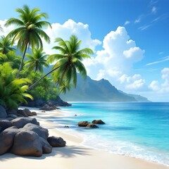 Tropical paradise, pristine beach, crystal clear turquoise water, lush palm trees