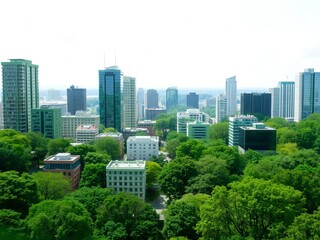 Double exposure of a lush green forest blending seamlessly with the windows of modern skyscrapers, creating a green city concept, green city, skyscrapers