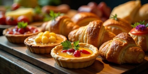 A delightful assortment of freshly baked pastries and fruit tarts arranged on a wooden board, showcasing a tempting array of sweet treats for breakfast or brunch