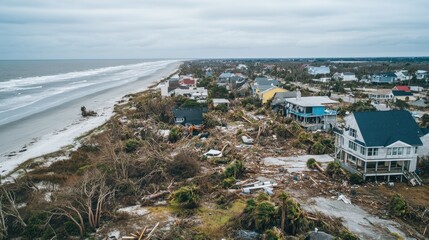 Obraz premium Aerial view of coastal town after hurricane, with uprooted trees, destroyed homes, and debris scattered across the beach, capturing the devastating aftermath of the storm.