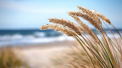 Beach grass gently swaying in the summer breeze against the sea
