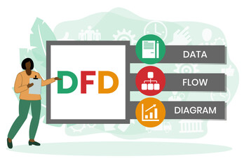 DFD - Data Flow Diagram acronym, technology concept background. Vector Illustration Concept with Keywords and Icons	