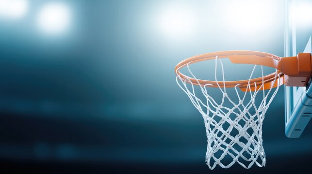 Basketball hoop illuminated by bright arena lights, capturing ex