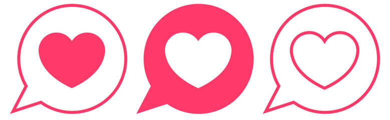 Three pink speech bubbles with heart icons illustrate love and connection in digital communication, symbolizing positive feedback.