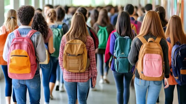 Students walking in a group through a school hallway during a busy day