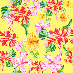 Hibiscus flowers seamless floral pattern on yellow background