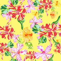 Fotobehang Tropische Bladeren Hibiscus flowers seamless floral pattern on yellow background  © AineGing