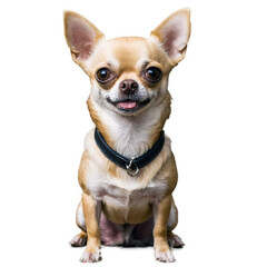 Obraz premium Small tan dog sits, wears black collar. Dog looks forward with tongue visible. Isolated transparent PNG.