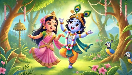 Little Krishna and Radha's Joyful Dance in the Enchanted Jungle