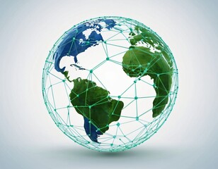 Stylized digital globe logo, featuring interconnected lines and dots to symbolize global connectivity and advanced technology, in cybernetic blue and digital green colors, white background
