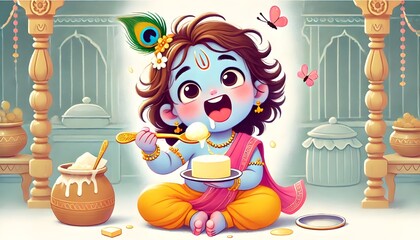 Little Krishna’s Joy: excitedly eating and  enjoying Makhan, butter, food