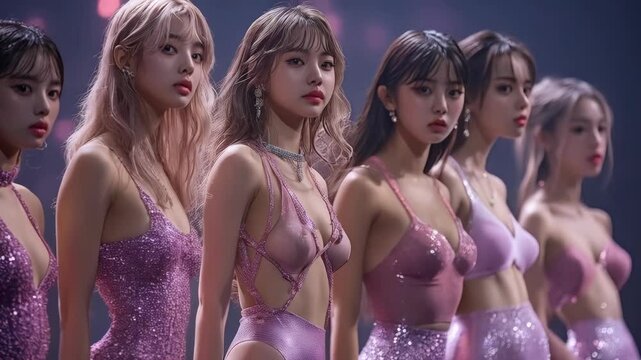 K pop girl group. Group of performers in shimmering outfits showcase talent during a stage performance event in a vibrant setting