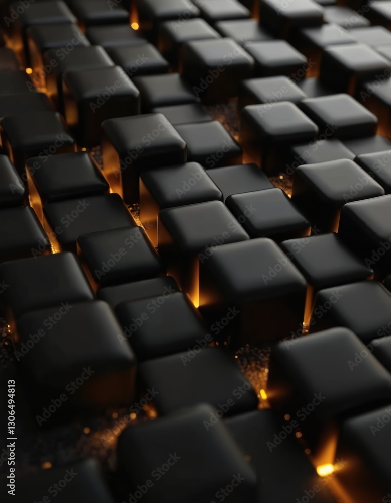 Fototapete Dark abstract background features black cubes arranged in grid pattern. Warm yellow light illuminates blocks adding depth, texture. Modern geometric design ideal for tech, decorative architectural