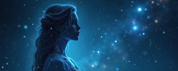 Virgo constellation as maiden in cosmic starry night. Stars in hair. Astrology zodiac sign. Maiden silhouette in starry galaxy background. Aethereal mystical astrological sign. Divine glowing light.