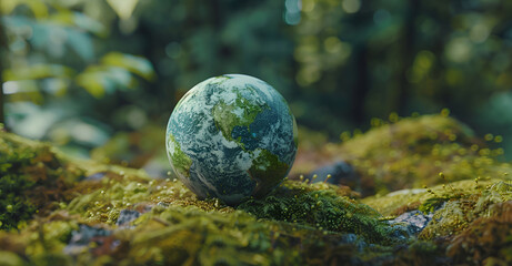 Zielona kula przypominająca planetę Ziemię na pokrytym mchem podłożu w lesie, symbol równowagi i natury