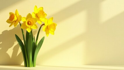 A cheerful cluster of vibrant yellow daffodils basking in sunlight against a pale yellow backdrop, creating a serene and spring-like atmosphere.