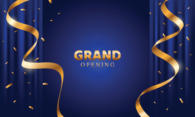 Luxury grand opening blue background with gold ribbon and curtain. Modern elegant promotional design.