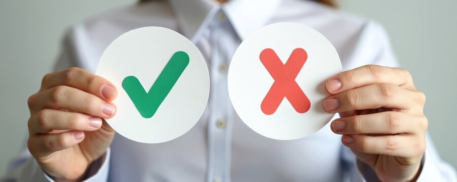 Person holds paper circles with check, cross symbols. Concept of true, false, accept, reject, evaluation, vote, poll, yes or no, survey. Choice direction, alternative decision, checklist evaluation.