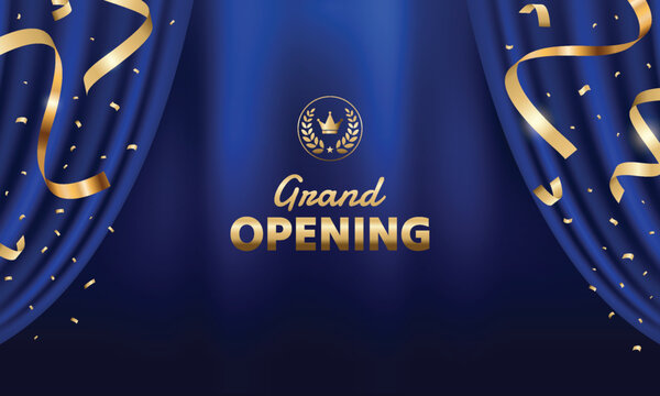 Luxry grand opening blue background with gold ribbon and curtain. Modern elegant promotional design.