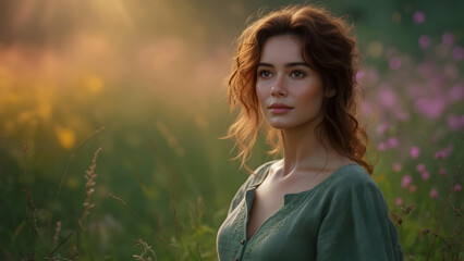 Serene Woman with Auburn Hair in Green Dress Gazing Thoughtfully Amidst a Sunlit Wildflower Meadow at Sunset