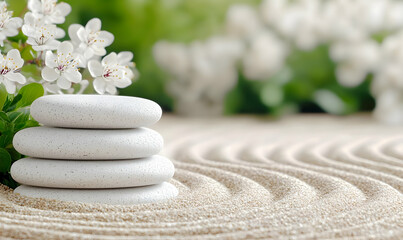 Tranquil Zen Garden with White Stones and Blooming Flowers