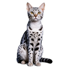 Naklejka premium Spotted Cat Sitting, Looking Forward. White fur with black spots, yellow eyes. Isolated transparent PNG