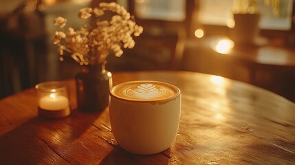 Cozy Morning Scene Featuring Warm Cup of Coffee and Colorful Vase of Fresh Flowers on Wooden Table