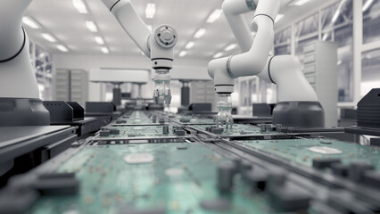 Concept future. High Precision Robot Arms. Bright Electronics Factory. Fully Automated Modern PCB Assembly Line. Component Installation circuit Board. Electronic Devices Production Industry. 3d render