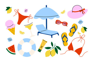 Summer beach set with swimsuit, sunglasses, flip-flops, sun hat, umbrella, cocktail, ice cream, sunscreen, lemon, lifebuoy. Flat vector illustration for vacation, travel, tropical holiday design.