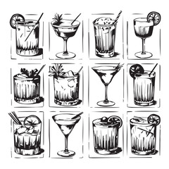 A black and white drawing of a drink and a glass with a straw and a straw white background