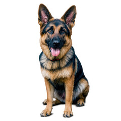 Sitting tan black dog with tongue out, transparent png, isolated. Furry dog posing with red collar on clear background.
