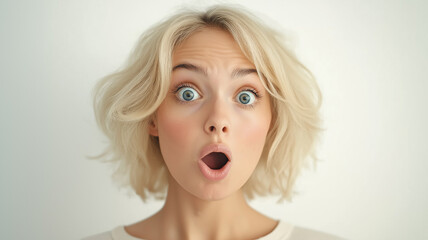 Young blonde woman with surprised face expression