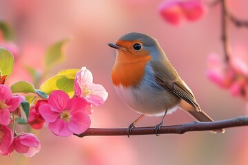 Little bird Robin sitting on a branch of a flowering pink Apple tree in the spring garden of may 