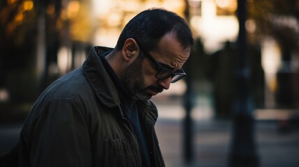 Fototapeta premium Man in Glasses Looking Down with a Somber Expression