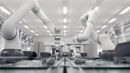 Concept future. High Precision Robot Arms. Bright Electronics Factory. Fully Automated Modern PCB Assembly Line. Component Installation circuit Board. Electronic Devices Production Industry. 3d render