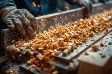 A person is cutting wood with a large piece of wood, possibly for firewood or construction