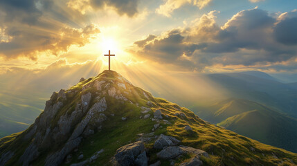 A breathtaking and dramatic landscape featuring a solitary wooden cross standing atop a rugged mountain peak, bathed in the warm glow of the sun.